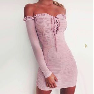 Off the shoulder dress.